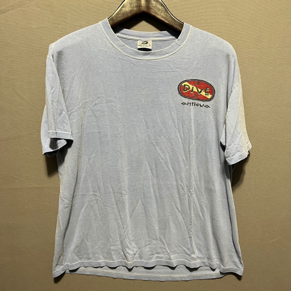 Anvil Authentic Pigment Mens Dive Antigua Graphic TShirt Blue Large Short Sleeve